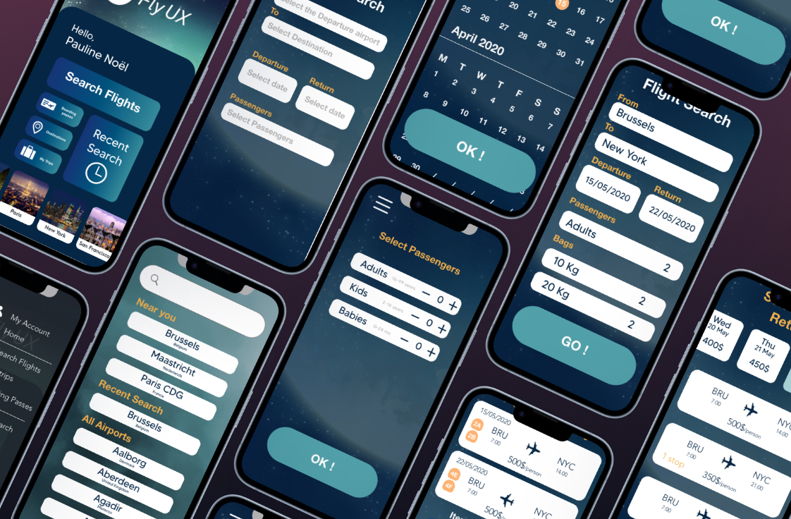 FlyUX airline app mockup on mobile device